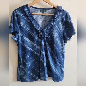 Ralph Lauren flutter vneck tie dye top Women's XL blue, white